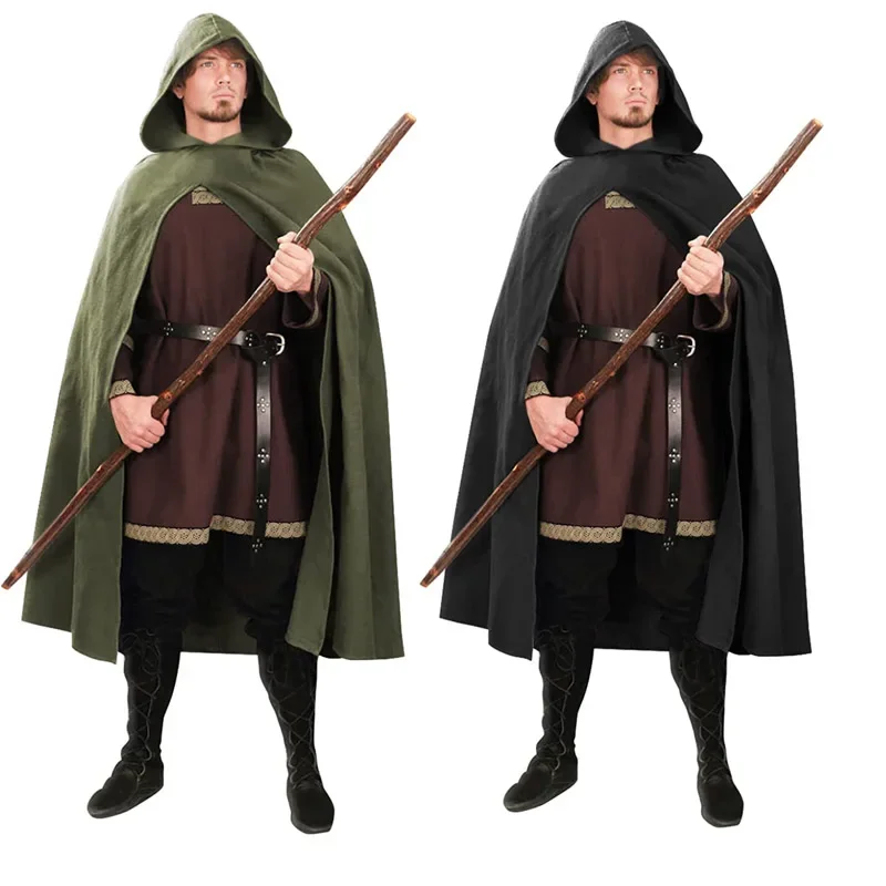 Halloween Medieval Archer Cape Wizard Coat Casual Sleeveless Black Hooded Cloak Wide Open Woolen Outwear Girls Drama Costume