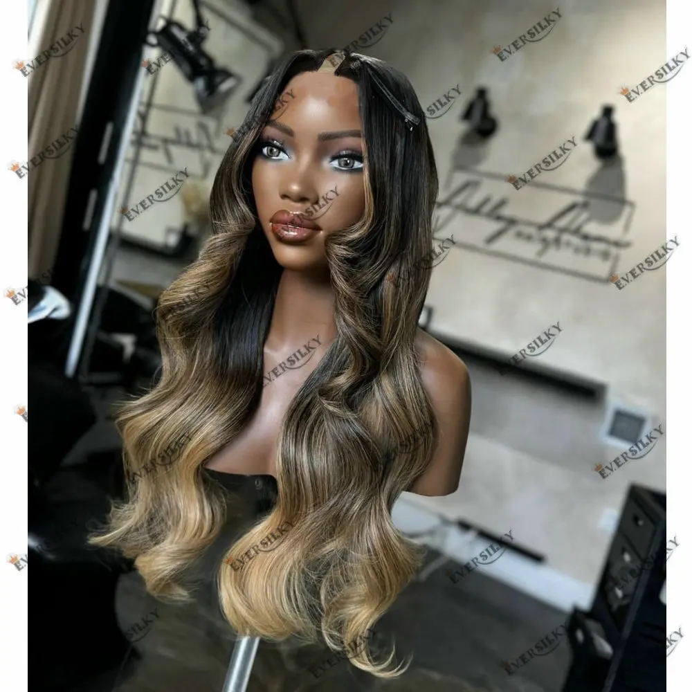 U Part Wig Human Hair Ombre Honey Blonde Hightlight Loose Wave Full Machine Made 1x4 V Part Wig Human Hair Preplucked Glueless