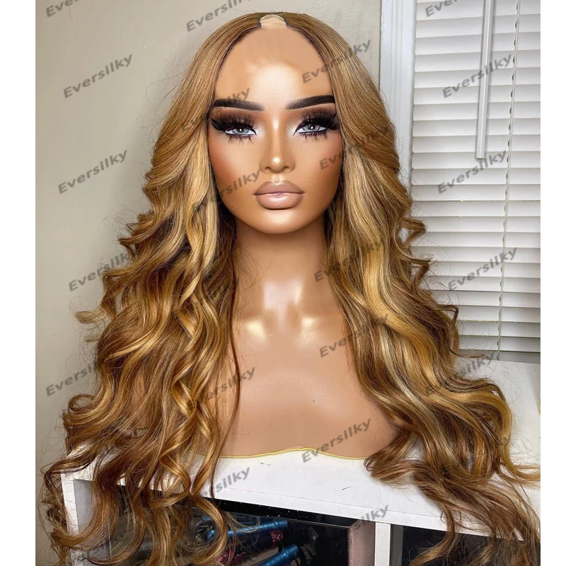 

Long 26Inches Honey Blonde Balayage Human Hair Wigs for Black Women Glueless Dark Brown Easy Wear 1x4 U Shaped Middle Part Wigs