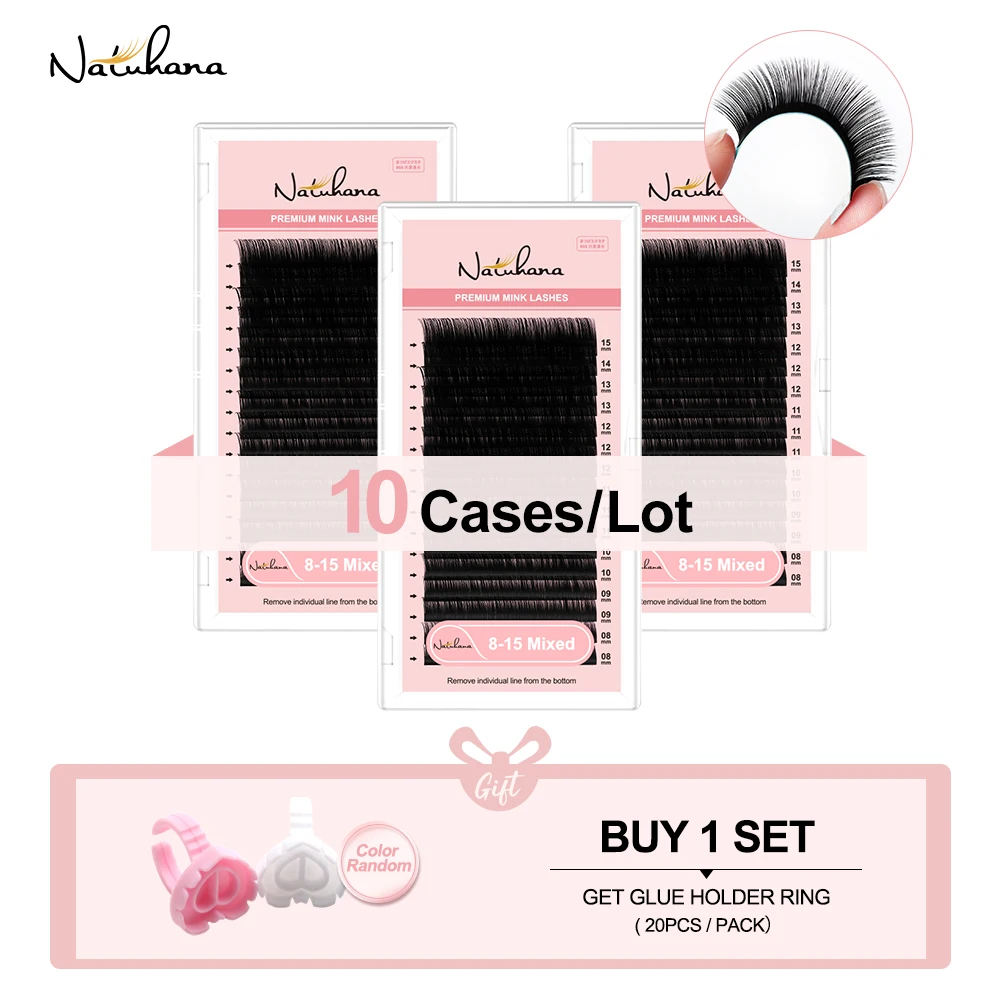 NATUHANA Faux Mink False Eyelashes 10 Trays/Lot 16 Rows 8-15mm Mixed Natural Soft Daily Makeup Lash Extensions