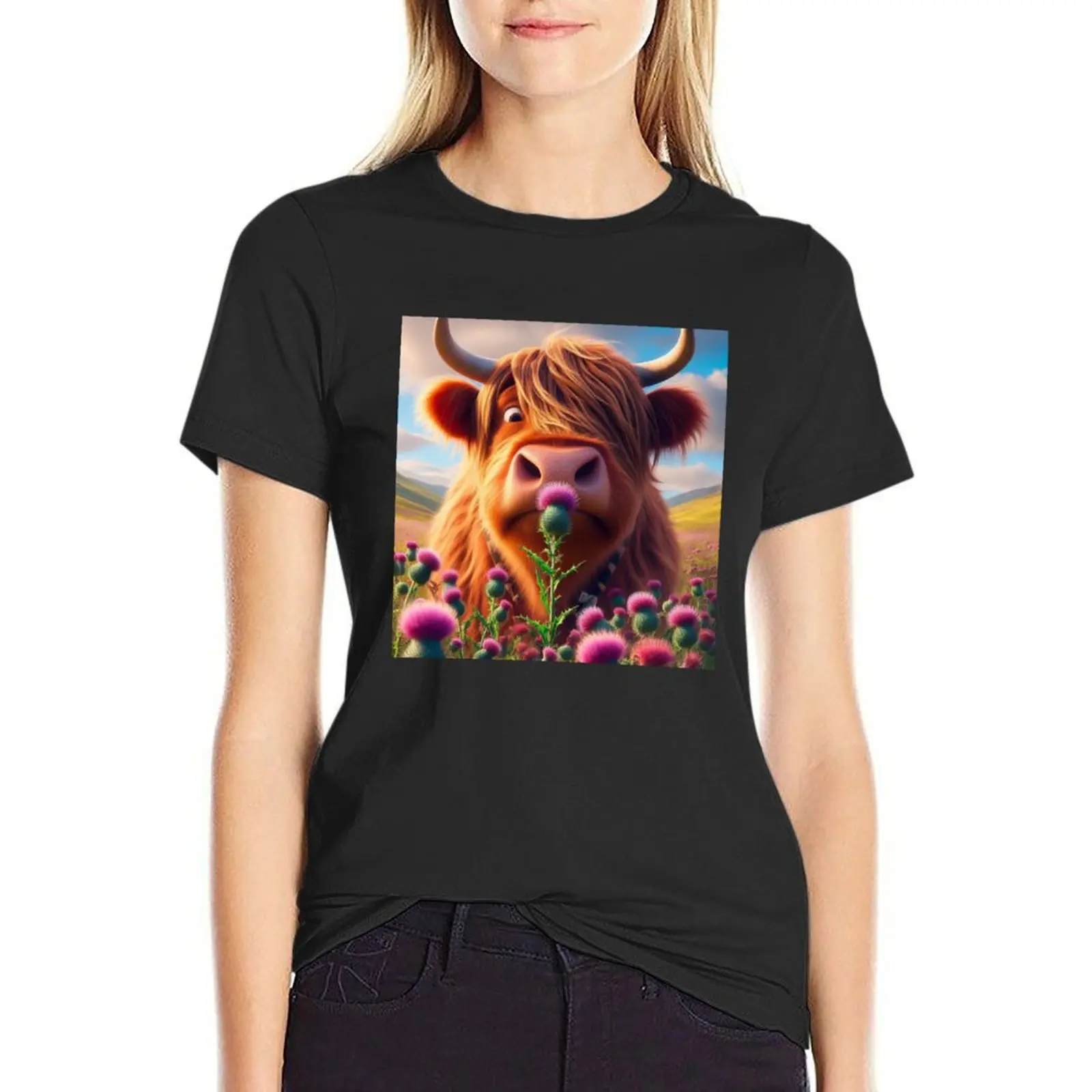 Highland cow and scottish thistle T-Shirt blacks animal print designer clothes Women luxury