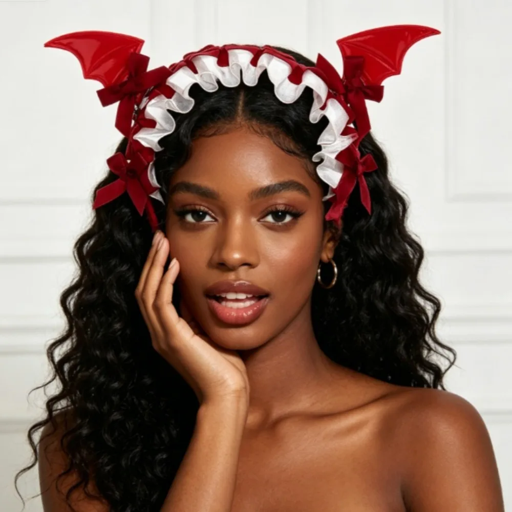 Gothic Bat Wings Headband with Ruffled Mesh & Bows Halloween Cosplay Hair Hoop for Women