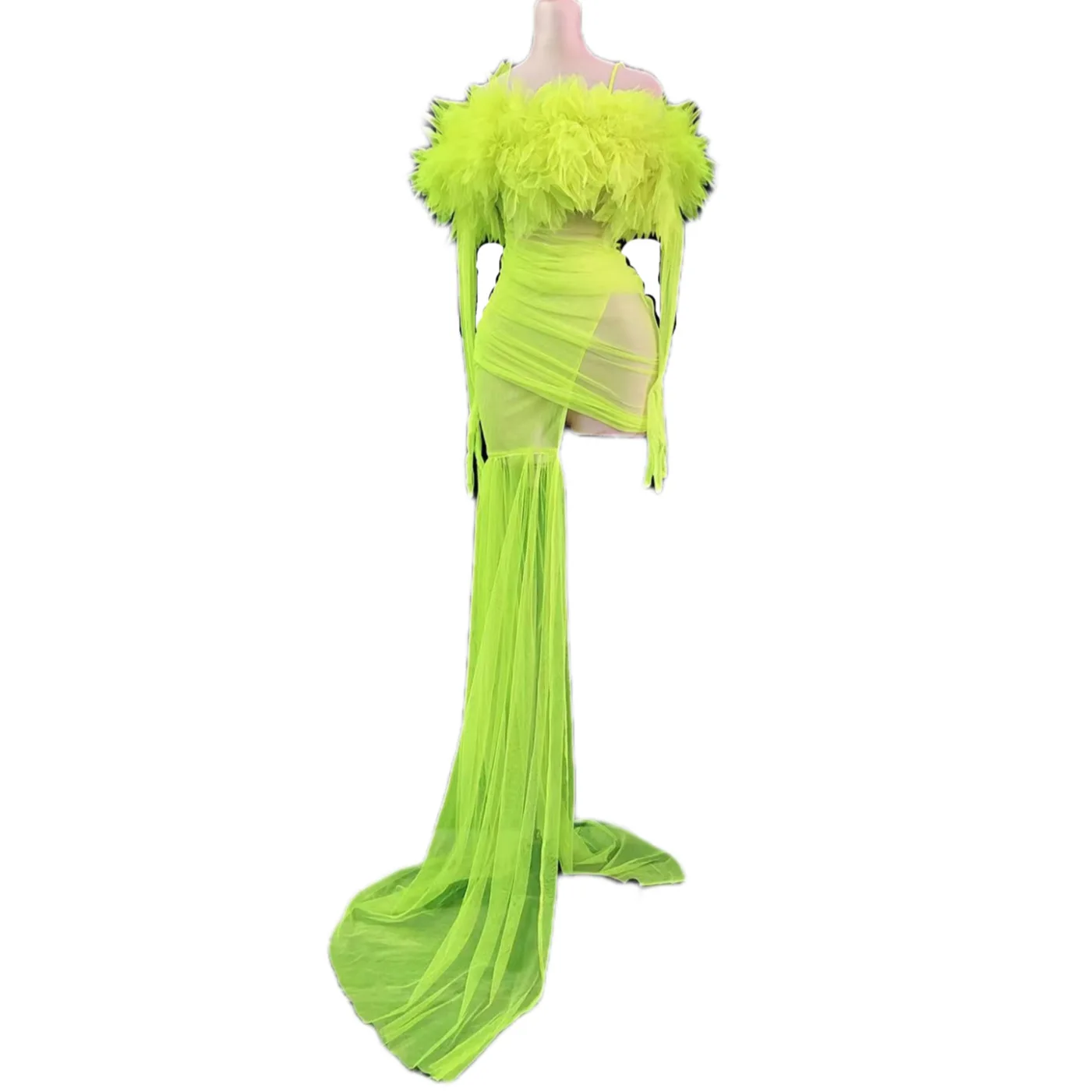 Fluorescence Green Gauze Perspective Sexy Trailing Dress With Gloves For Women Fashion Show Stage Costumes Drag Queen Outfits