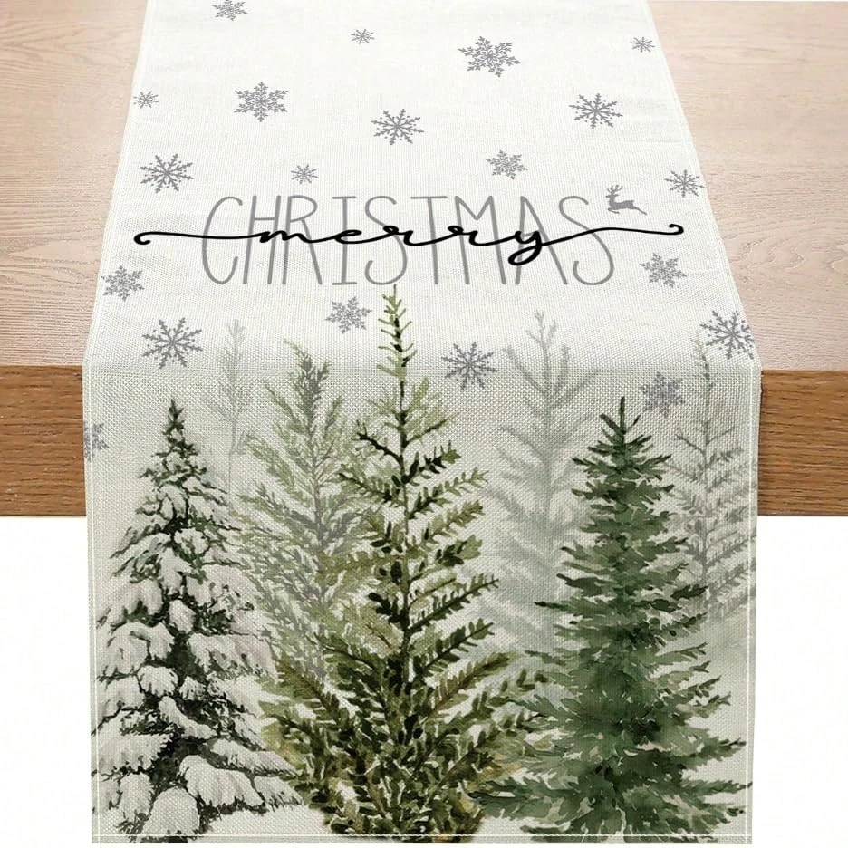 Camino de mesa navideño minimalista de bosque de invierno, decoración de diseño de árbol y copo de nieve con estampado 2D de lino, para todas las estaciones, 1 ud.