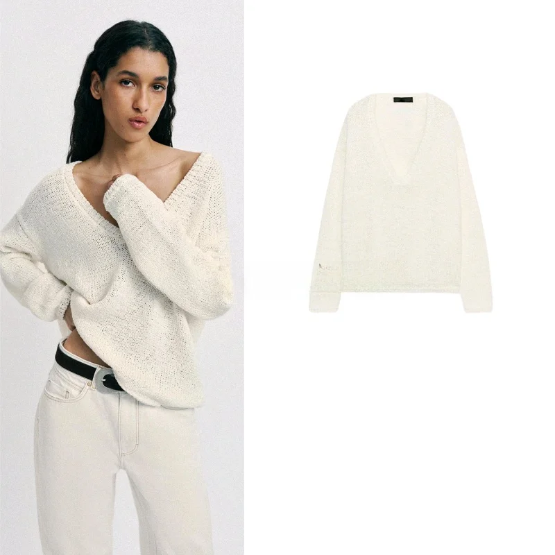 

Spring Summer New Lazy Style Women's Long Sleeve Deep V Neck Casual Knitted Top Polyester Fiber Loose Fit Comfortable Wear
