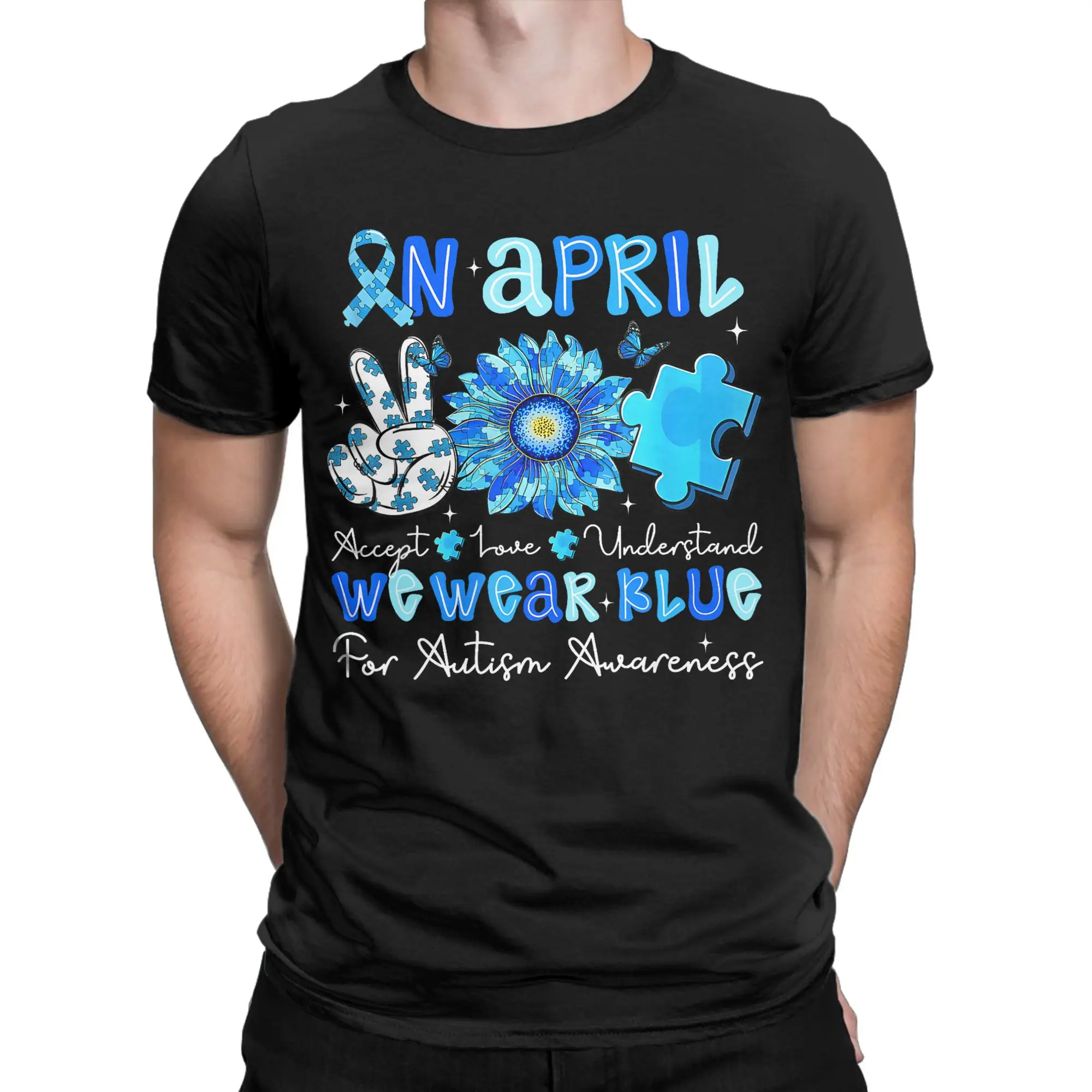 Vintage April We Wear Blue Autism Awareness T-Shirts for Men Crew Neck Pure Cotton T Shirts  Short Sleeve Tee Shirt Printed Tops