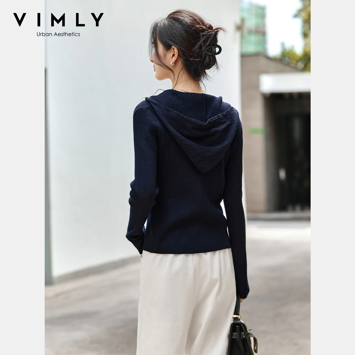 เสื้อคาร์ดิแกนมีฮู้ดสีน้ำเงินกรมท่า VIMLY สำหรับผู้หญิง สไตล์ลำลอง แขนยาว ซิปหน้า ถักนิตติ้ง เสื้อสเวตเตอร์ผู้หญิง ฤดูใบไม้ร่วง 2025 ทรงเข้ารูป เสื้อจั๊มเปอร์ผู้หญิง รุ่น 75218