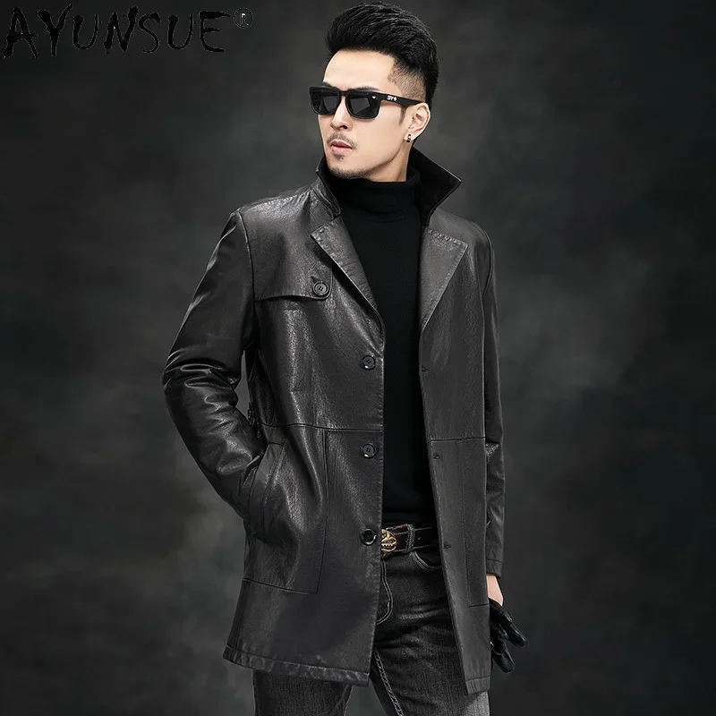 AYUNSUE 100% Genuine Cowhide Leather Jacket Male Autumn Black Long Leather Jackets with Belt Men's Coats Casaco Masculino Gmm362