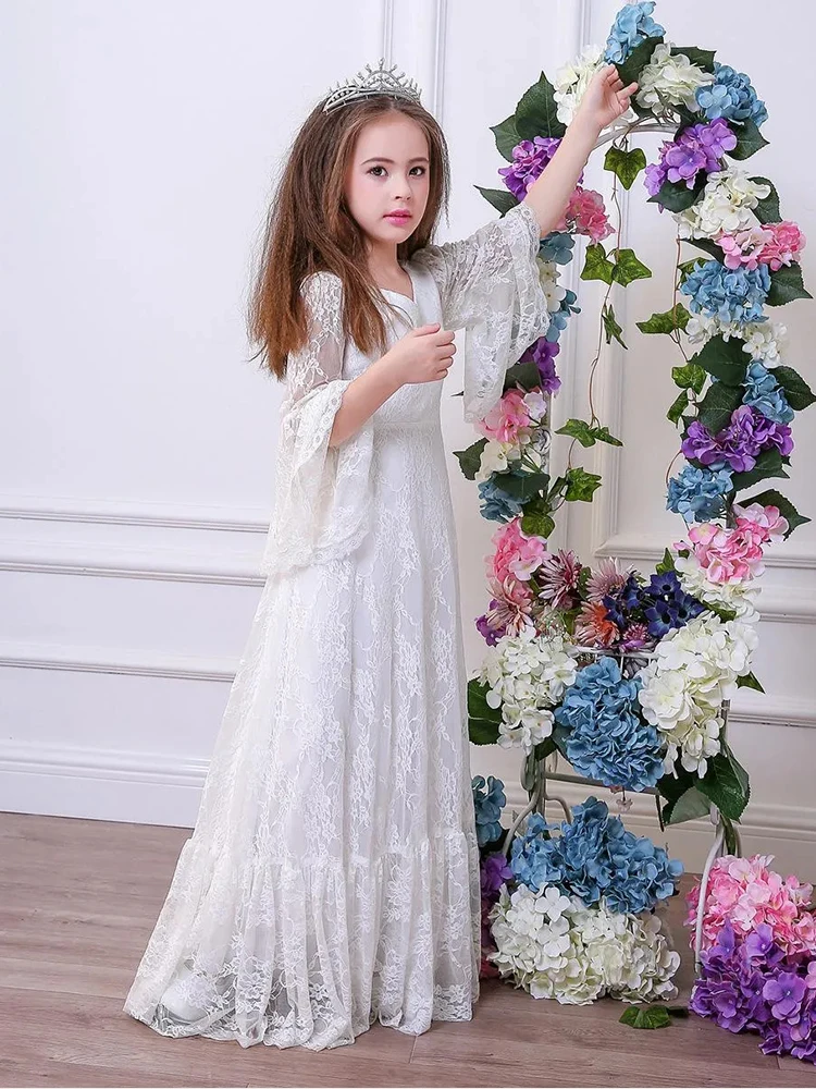 Vestidos Elegantes de manga larga con apliques de encaje para niña, vestidos de princesa para baile de primera comunión, moda de graduación, 2023