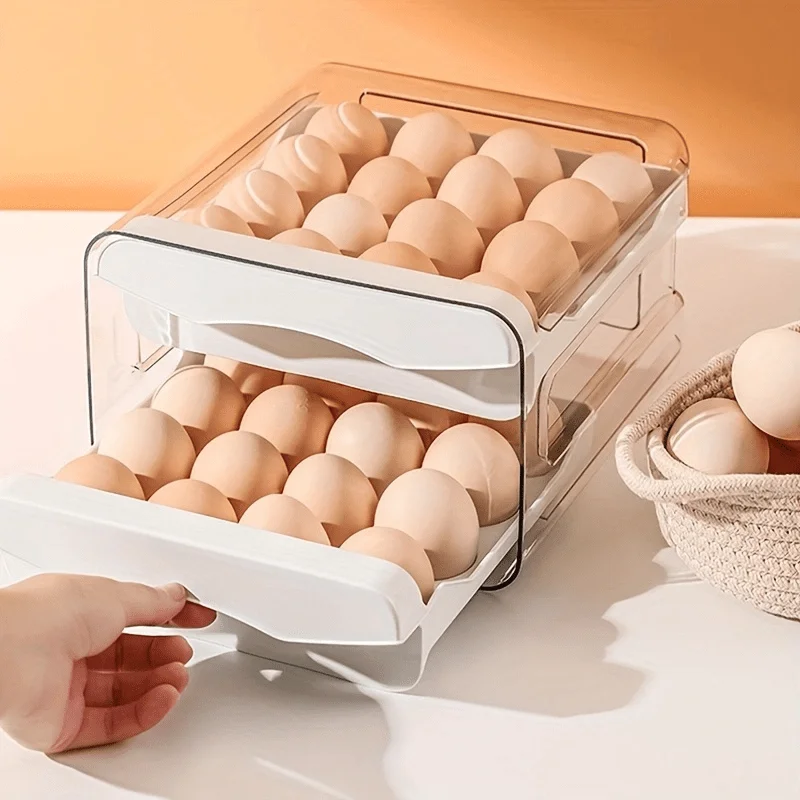 1pc Kitchen Egg Storage Box Refrigerator Fresh Plastic 2-Layer Drawer Type Large Capacity Storage Home Kitchen Organizer Rack