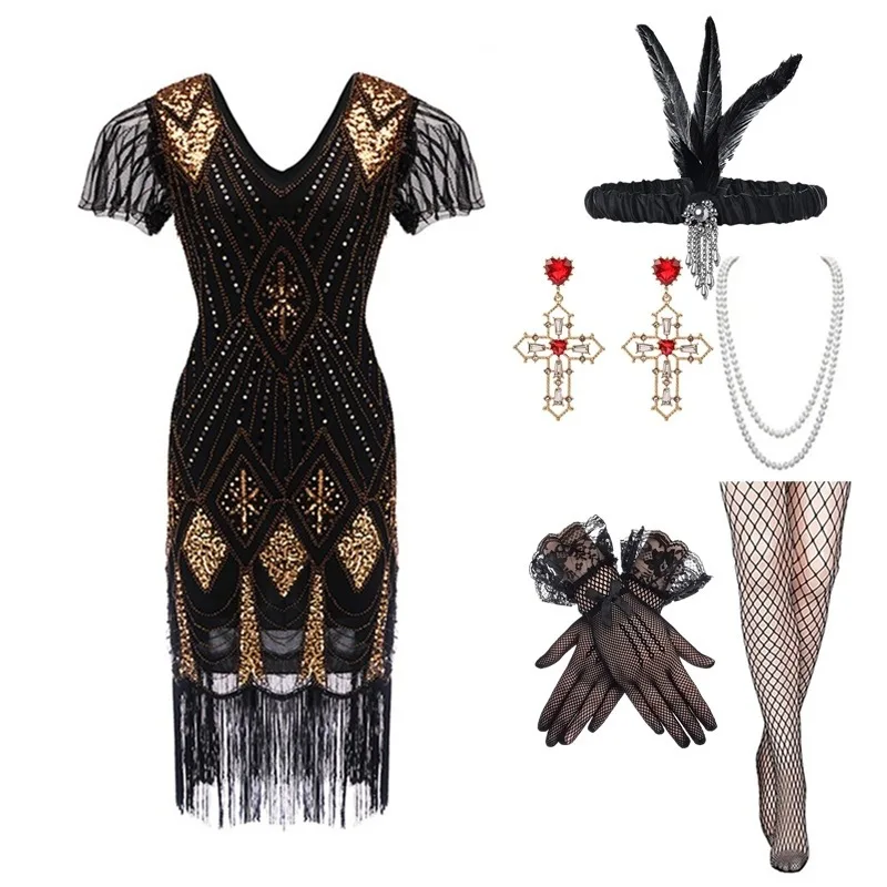 Retro Gateway Beaded Fringed V-neck Evening Dress 1920s Style Sequin Tassel Gown Women's Fashion Spring Collection