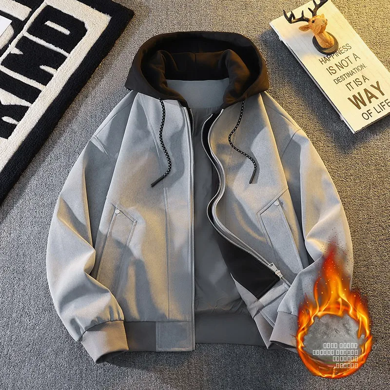 

2025 New Men's Fce Lined Thiened Suede Jaet Winter Coat for High School Students Warm Long Sve Hooded Regular Fit