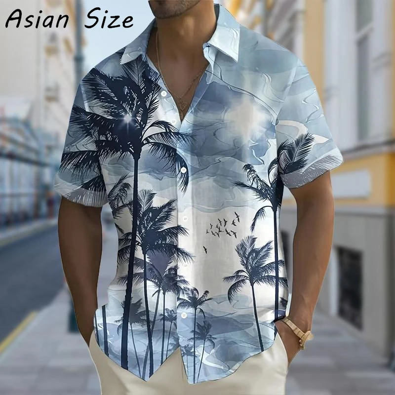 Hawaiian Shirt Man Coconut Tree Print Casual Tropical Beach Fashion Shirt Social Vintage Funny Oversized Clothes Lapel Blouses