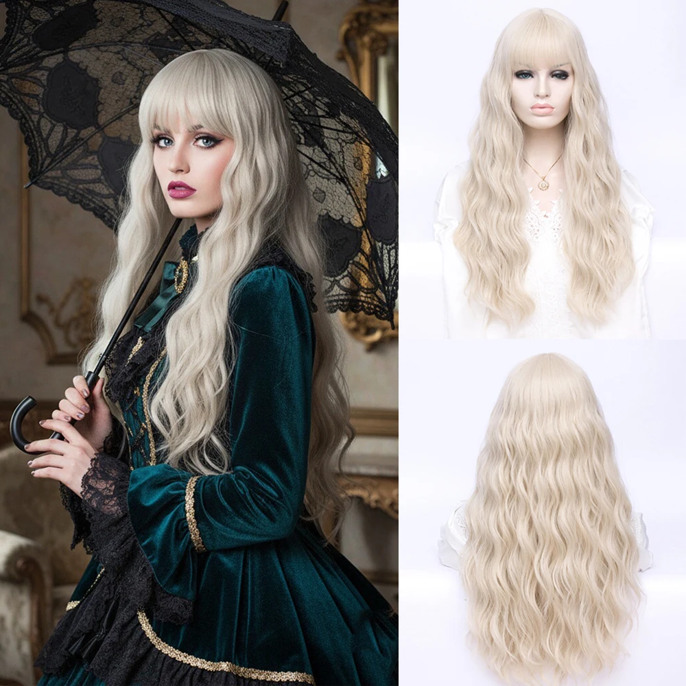 

Synthetic Long Water Wave Light Gold Wig with Bangs for Women Daily Cosplay Lolita Party Halloween Fake Hair Heat Resistant