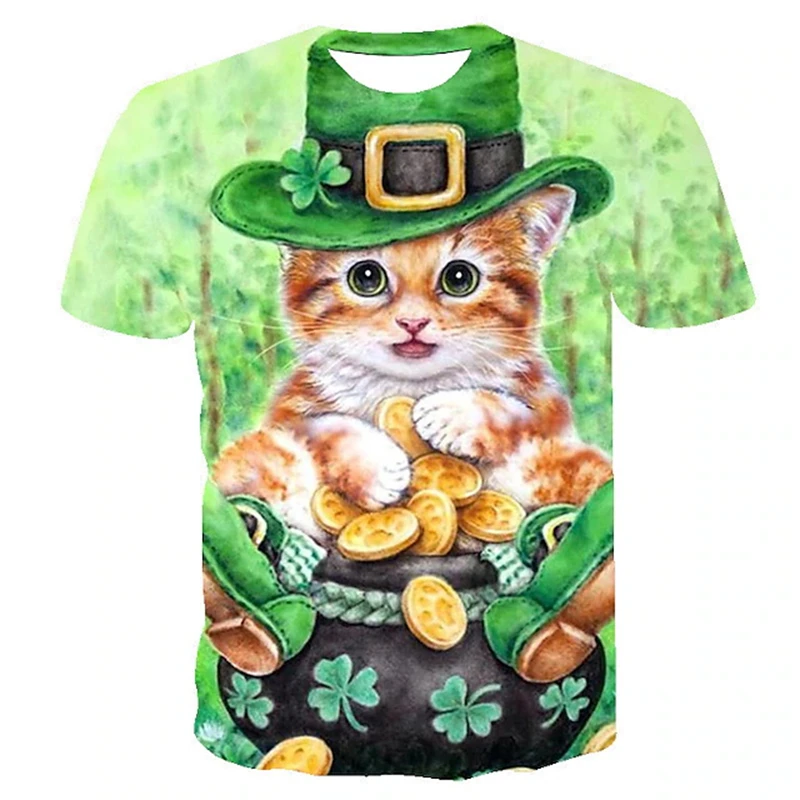 St. Patrick's Day T Shirts For Men Fashion 3d Print Green Clover Cats Graphic Short Sleeve Womens T-shirt Casual Holiday Gifts