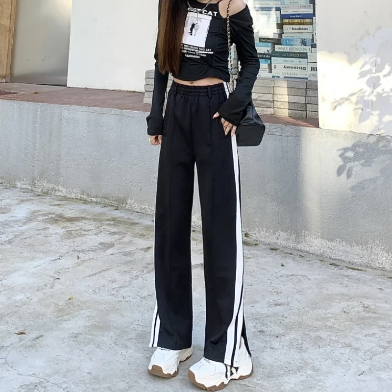 

Women' Black Casual Drawstring Sweatpants Fashion Stripe High Waist Wide Leg Pants Zipper Vintage Baggy Straight Trouser Ladies