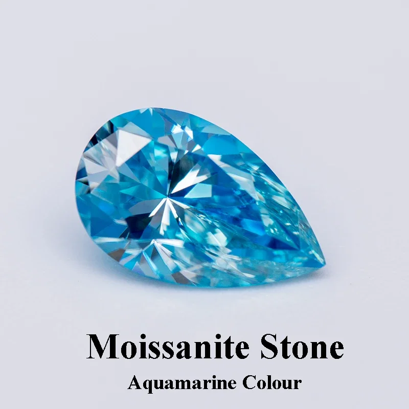 

Moissanite Gemstone Pear Cut Aquamarine Colour Lab Created Diamond DIY Ring Necklace Earrings Main Materials GRA Certificate