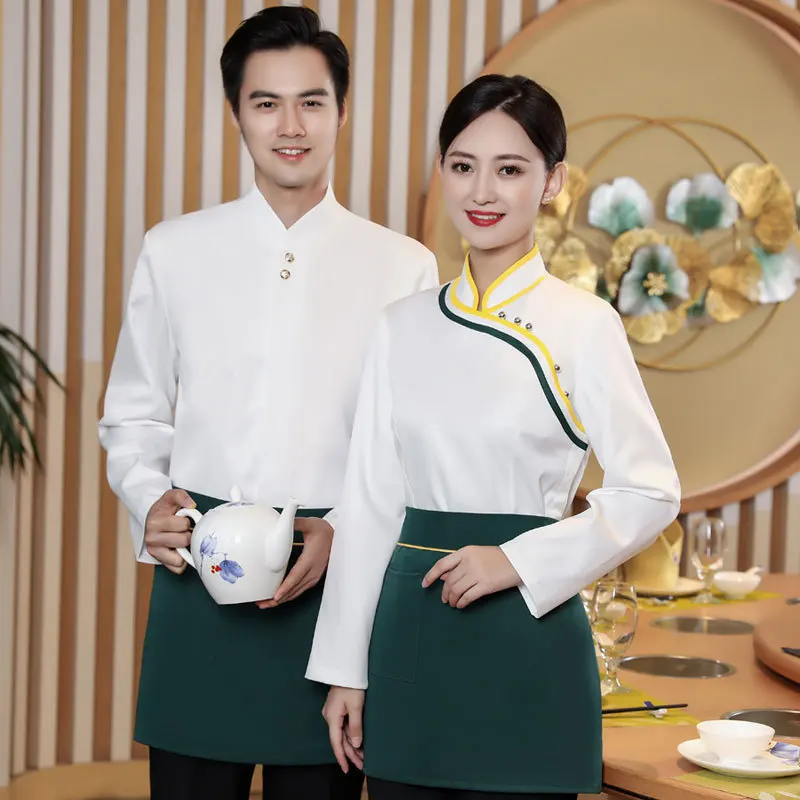 โรงแรมชุดทํางานฤดูใบไม้ร่วงฤดูหนาวผู้หญิงหม้อร้อนร้านอาหารบาร์บีคิวร้านอาหาร Tea House สไตล์จีน Waiter แขนยาว Unisex