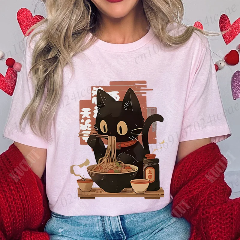 Cat Ramen Noodle Graphic T Shirts for Women Men Anime Top Clothing Japanese Anime Manga Ramen Cat T-Shirts Short Sleeve T-shirt