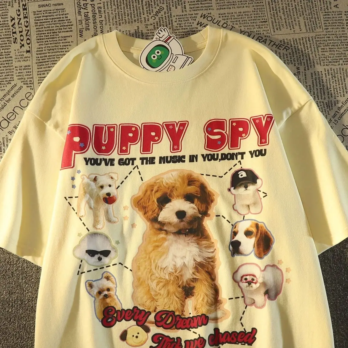 American retro cute puppy t-shirt men and women summer new sweet couple outfit loose Harajuku college style half-sleeved top