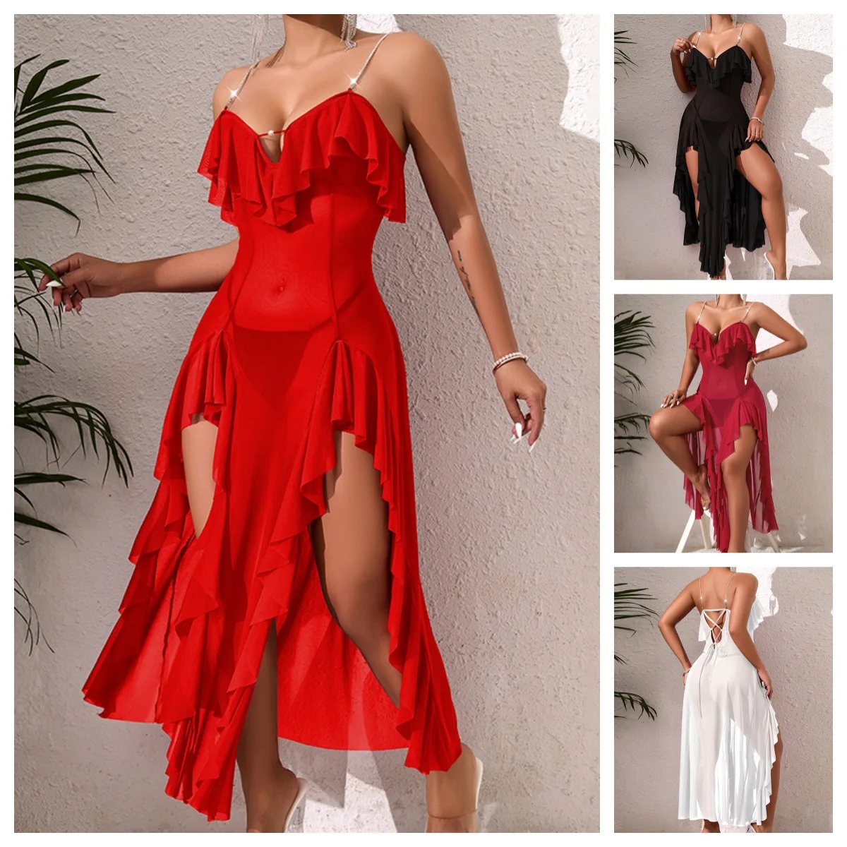 Multi-layer Ruffle Edge High Split Nightdress Fine Flash Suspender Mesh Perspective Women's Long Dress Cw71528