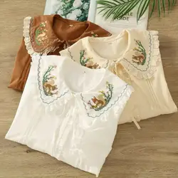 2026 Japanese Kawaii Lolita Lace Patchwork Blouses Women 100% Cotton Cartoon Embroidered Shirts Spring Girl Bow Tops