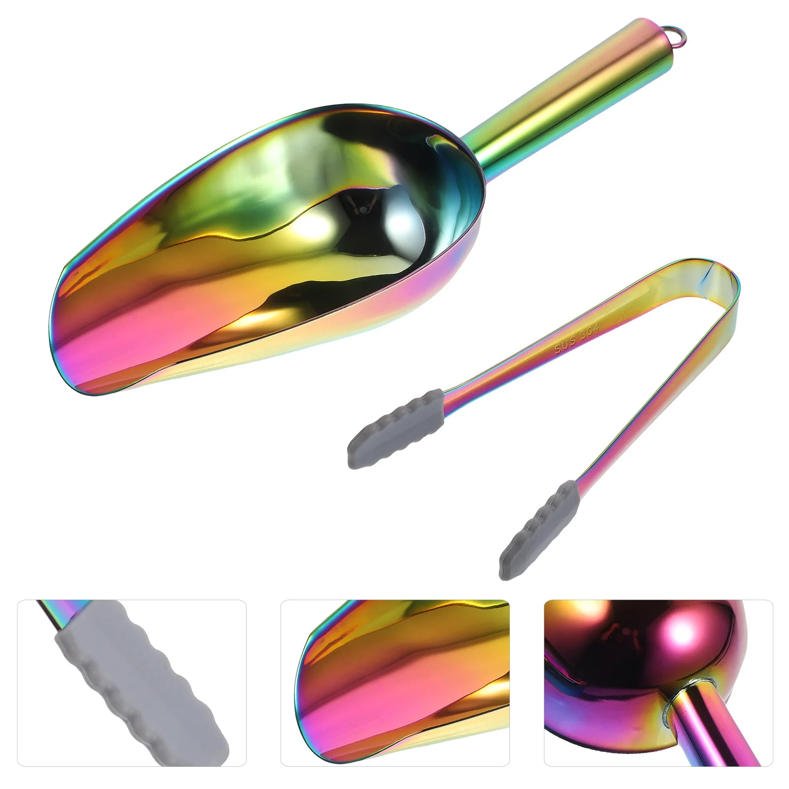 

1Set Ice Scoop Tong Kit Stainless Steel Silicone Kitchen Grain Ice Cube Shovel Serving Tool Anti-Skid Clamp Grains Tong