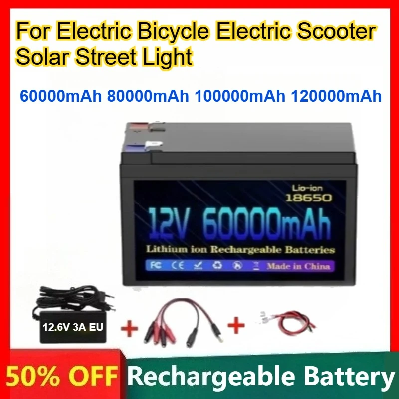 

12V 60Ah 80Ah 100Ah 120Ah Lithium Battery for Electric Bicycle Electric Scooter Solar Street Light Batteries+12.6V 3A EU Charger
