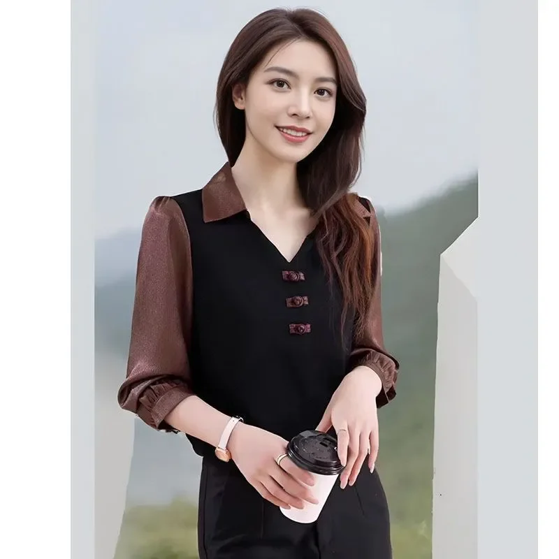 

Стильная рубашка с длинными рукавами и цветными блоками, женская весенняя новинка, винтажный стиль, базовый слой, модный искусственный топ из двух предметов