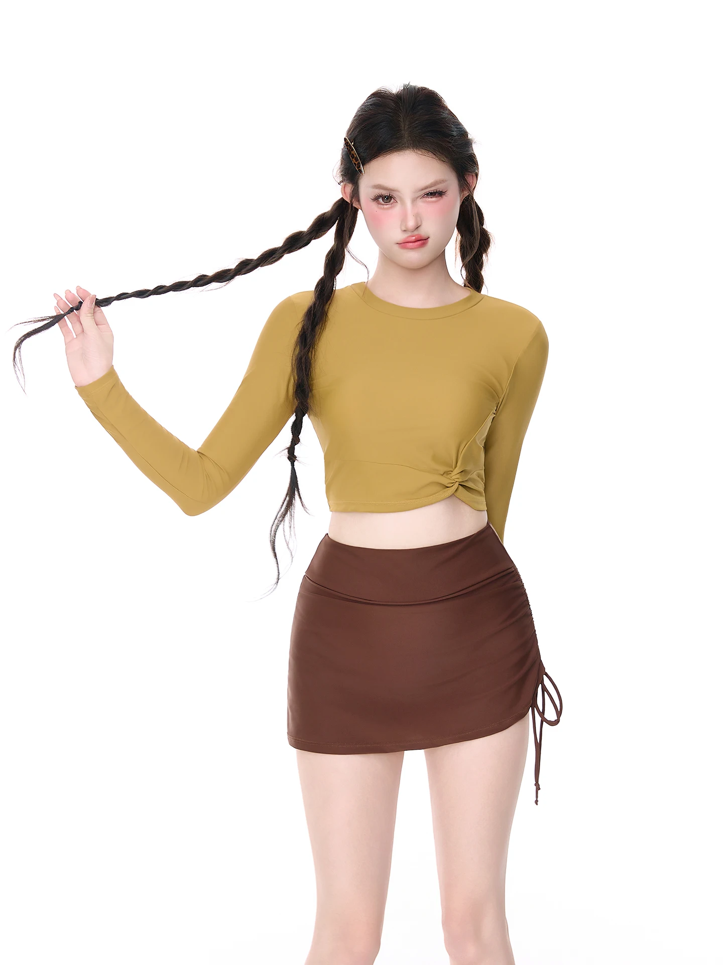 

Long Sleeve Swimsuit Two Piece Set Conservative Student Girl New 2026 Hot Spring Swimwear Cute Girl Bathing Suit Nylon Material