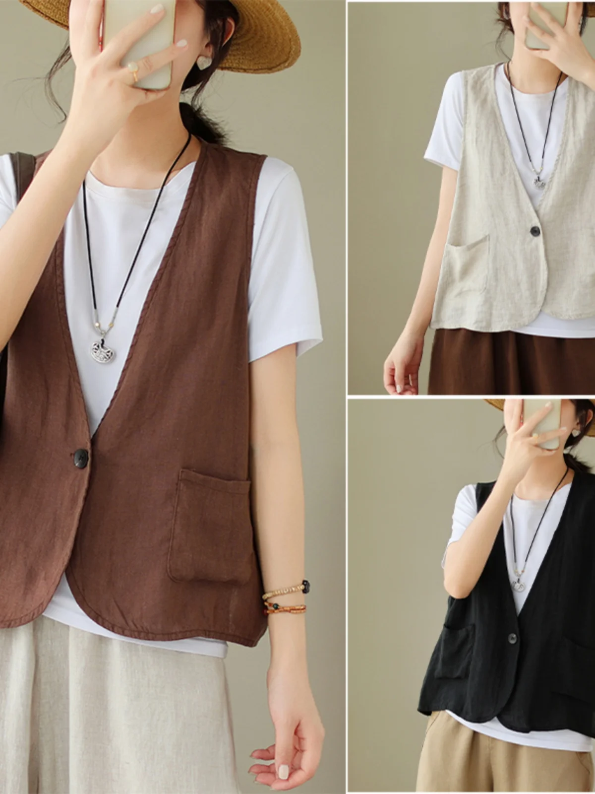 

Женский летний осенний льняной жилет на бретельках, тонкий хлопковый льняной жилет с плечами, ажурная верхняя одежда, длина, пуговицы, чистый цвет