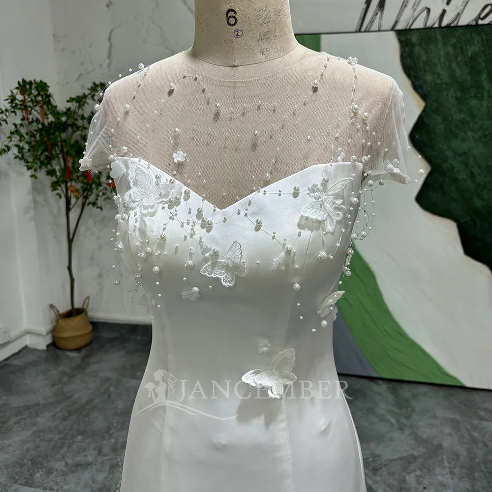 Dostosowane seksowna suknia ślubna z krótkim rękawem i odkrytymi plecami linia A nowa suknia ślubna z koralikami elegancka O-Neck plaża suknia dla panny młodej Vestidos de novia