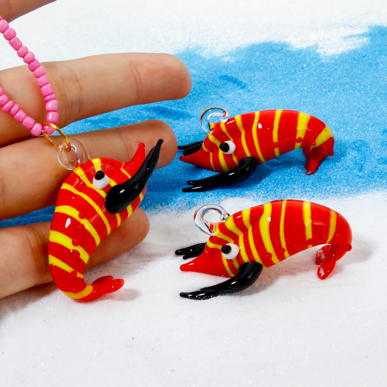 1 Piece Cute 3D Red Stripe Lobster Lampwork Glass Ocean Jewelry Pendants For DIY Jewelry Making Ornament Aquarium Decoration