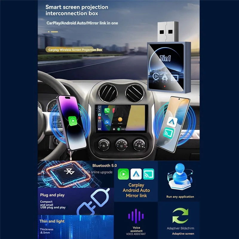 DIGIT-Smart Carplay Wireless Adapter Android Auto Mirror Link 3 In 1 USB Dongle Wired To Wireless Plug And Play