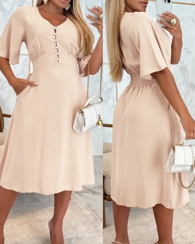 

Elegant Midi Women's Dress V-Neck Flutter Sleeve Front Button Cinch Waist Flare Dress Elegant Dress for Women