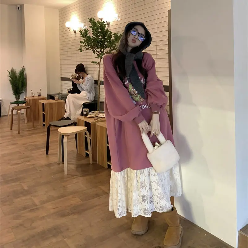 Plus Size 5XL 150KG Winter Woman Long Dress Fleece Lace O Neck Party Evening Warm Elegant Dresses Casual Clothing