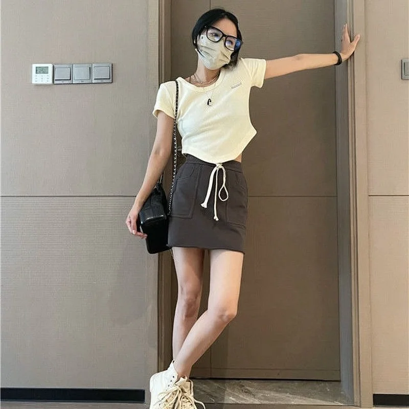 

Skirts Women Pocket Design Summer Chic Empire Harajuku Cozy Stylish Street Style Student All-match Solid Mujer Faldas Casual Fit