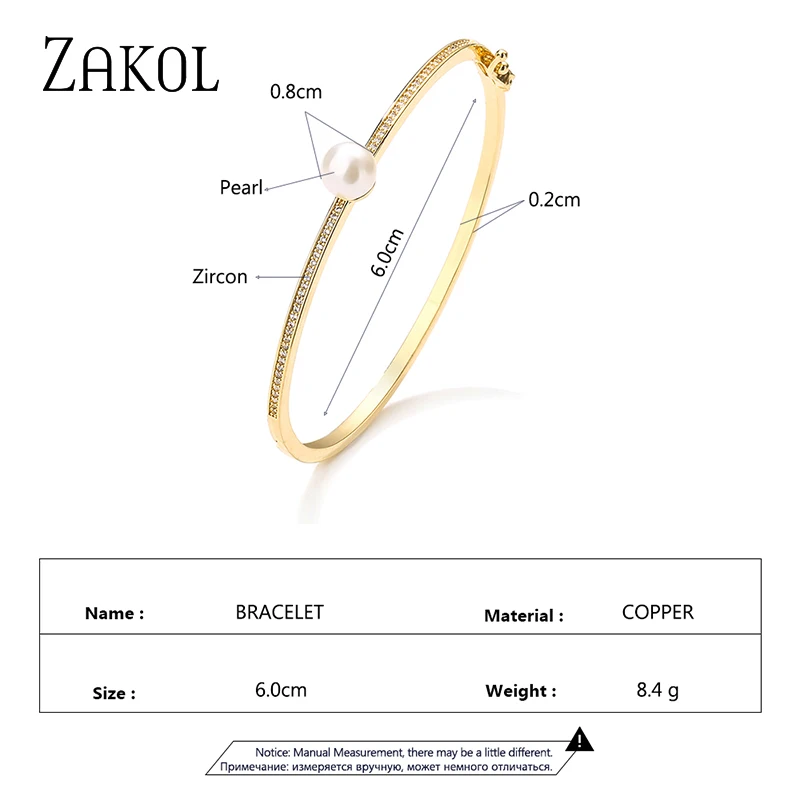 ZAKOL Simple Fashion Zircon Pearl Bangles Bracelets for Women Female Glamour Gold Color Bracelet Party Jewelry BP2233