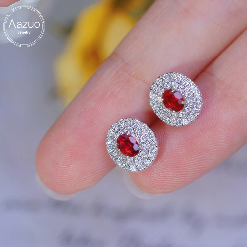 

Aazuo High Quality Jewelry 18k Gold Natural Oval Ruby Real Diamond Fairy Stud Earrings Gifted For Women Engagement Wedding Party