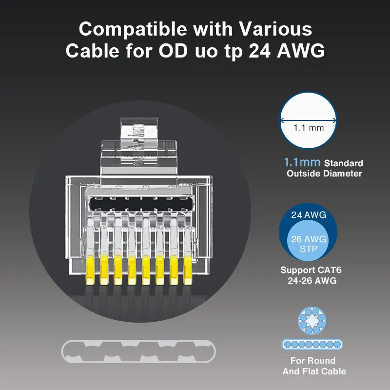 Natalink RJ45 Cat6 Pass Through Connectors 24-26AWG for UTP/FTP Cables, 3-Point Staggered Contacts, Gold-Plated Pins, 6.1mm OD