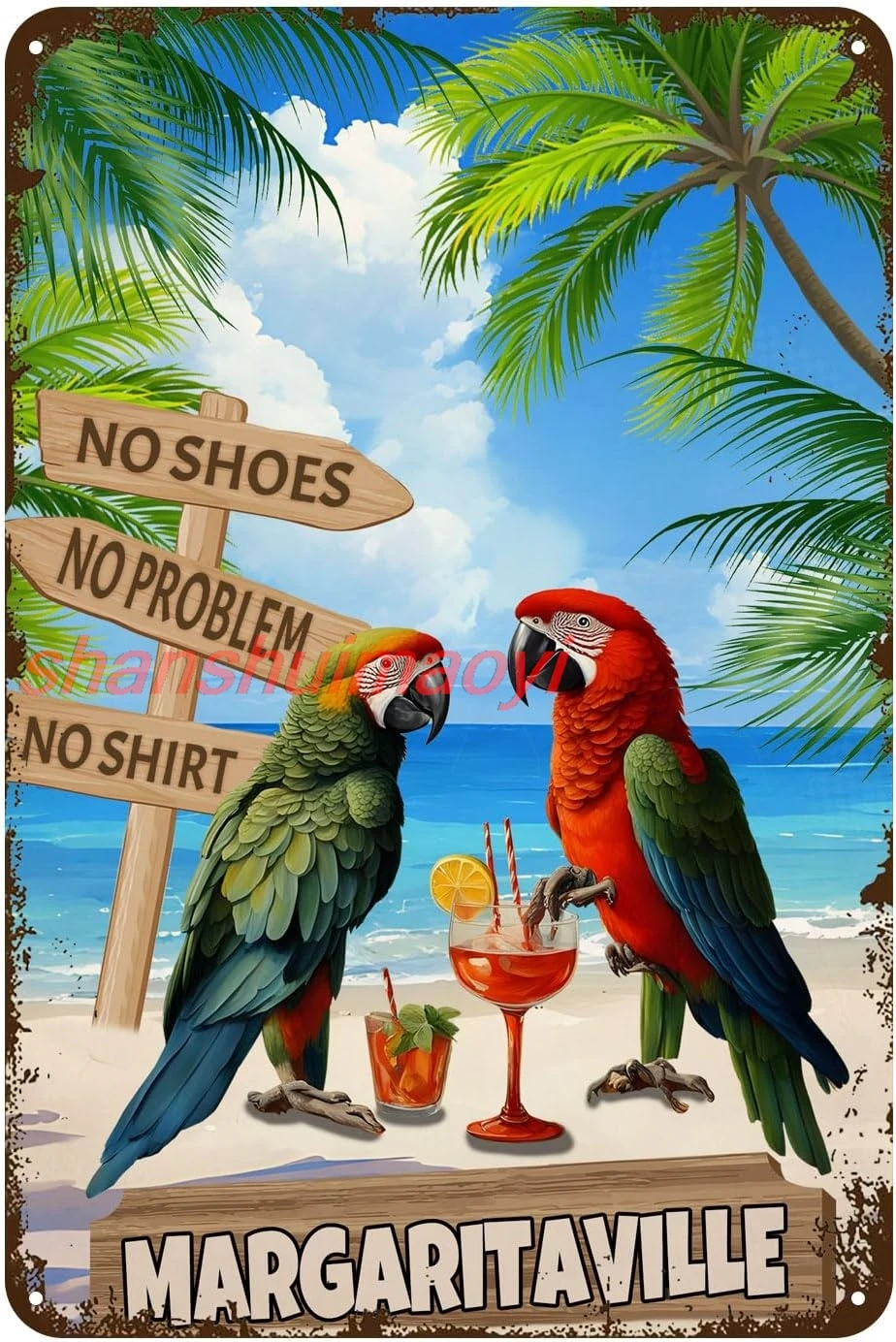 Vintage Tin Sign No Shoes No Shirt No Problem Parrot Beach Lemon Juice Rustic Decor Retro Sign Home Bedroom Office School B yes