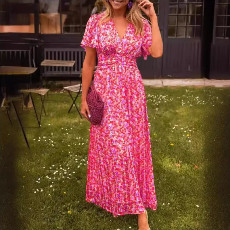 Vintage Women Floral Print Dress Bohemian New Casual V Neck Maxi Sundress Ladies Sexy Summer Boho Dress Female Beach Party Femme