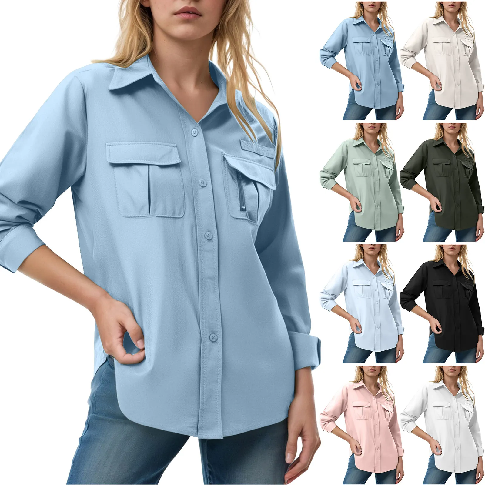 Womens UPF 50+ Fishing Shirts UV Block Quick Dry Long Sleeve Button Up Cargo Shirt Breathable Outdoor Hiking Shirts Blusas