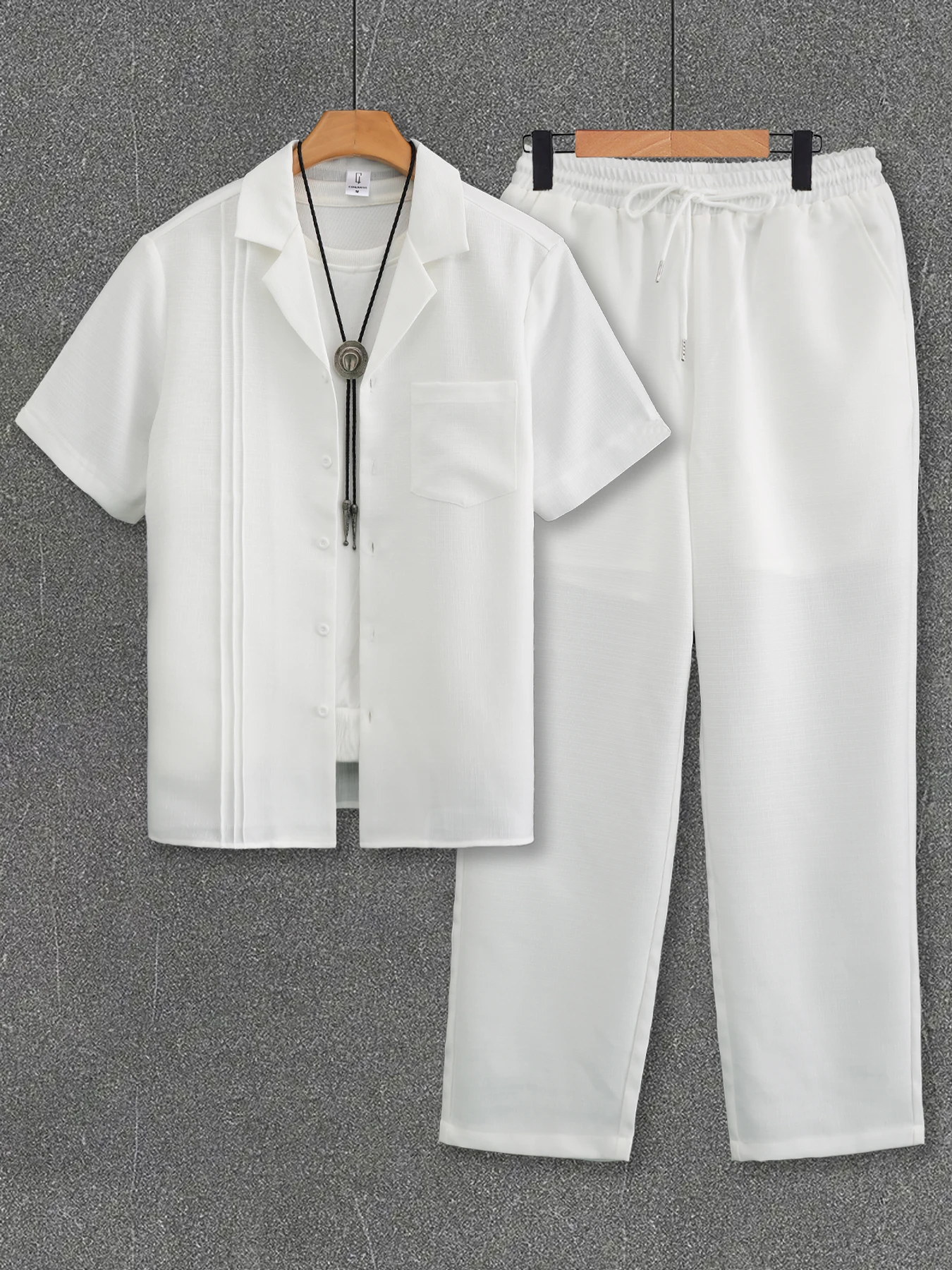 Men's White Collared Shirt and Straight-Leg Pants Set, Casual Autumn Men's Outfit, Beach Vacation Men's Casual Two-Piece Set