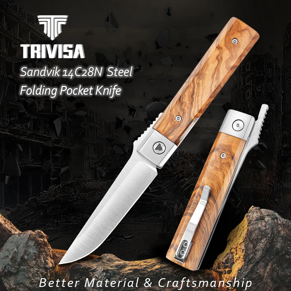 

TRIVISA Dolphin-JO Folding Knife for Men Women, Olive Wood Handle, Modified Tanto Blade for Food Prep & Outdoor Use