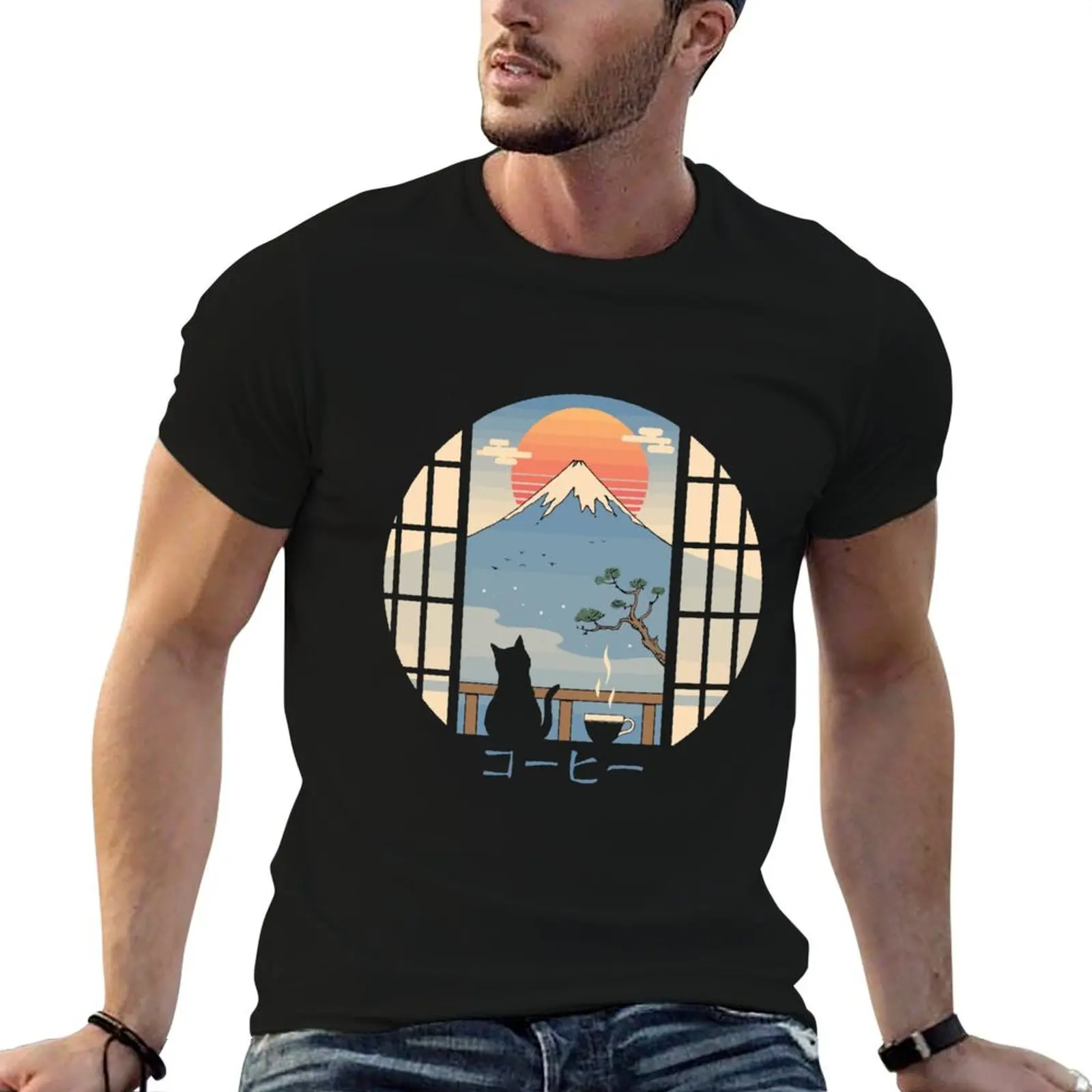 

Coffee Cat in Mountain Fuji T-Shirt man t shirt summer t shirt man cotton t shirts for man cotton soft T-shirt