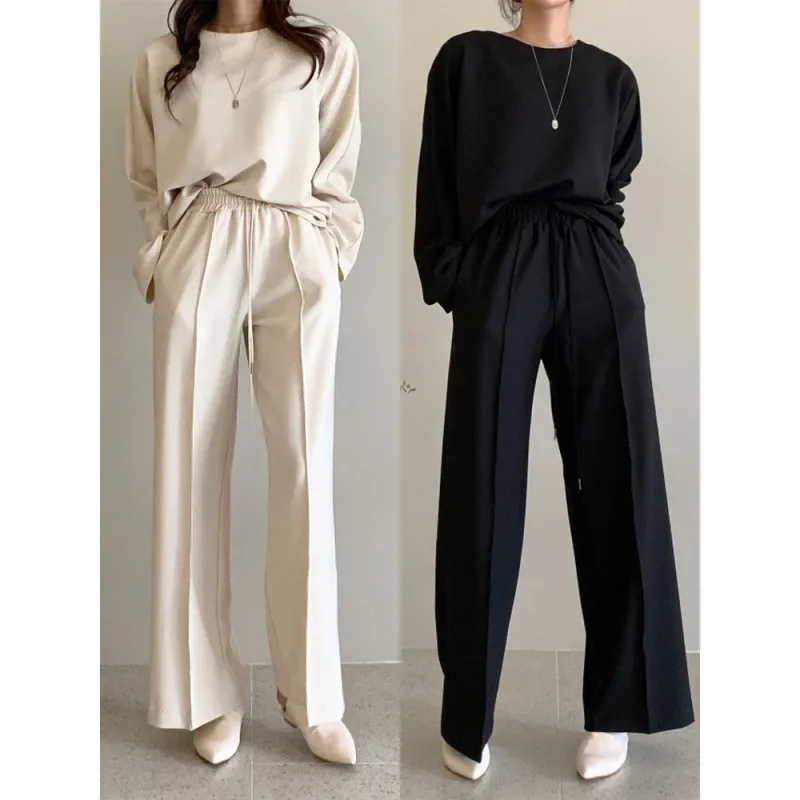 ربيع الخريف المرأة طويلة الأكمام البلوز مرونة الخصر بنطال ذو قصة أرجل واسعة قطعتين مجموعة أزياء عارضة الرياضة البدلة