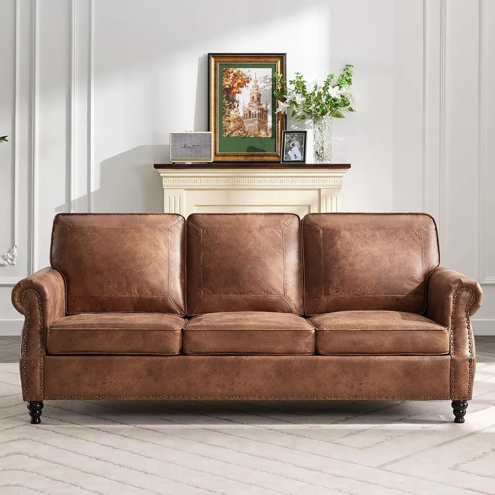 

79'' Faux Leather Sofa,Classic 3 Seater Leather Couch with Rolled Arm and Nailhead Trim,Mid-Century Modern Couch for Living Room