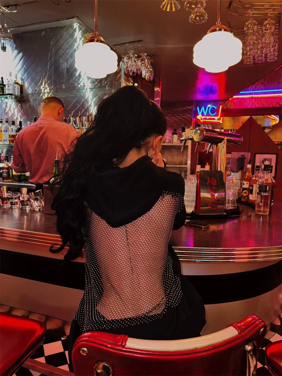 Sudadera translúcida a la moda para mujer, sudadera gótica americana, Sudadera con capucha de malla hueca Sexy, ropa Y2K, chaqueta informal de manga larga