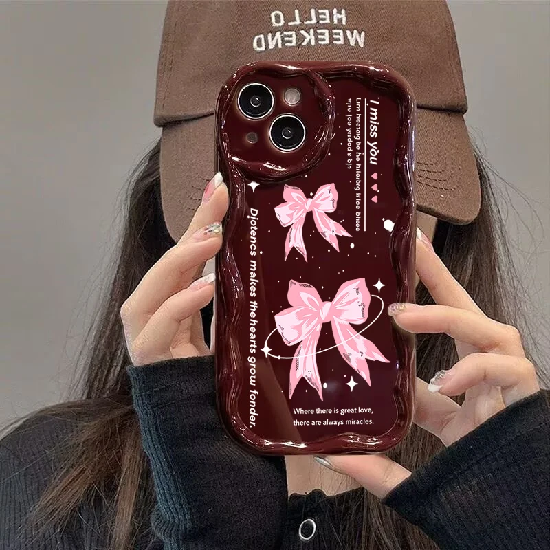 

Korean Ins Pink Bow Wave Edge Burgundy Shockproof Phone Case For IPhone 15 16 17 Pro Max 14 11 13 12 Plus 16E 17E Silicone Cover